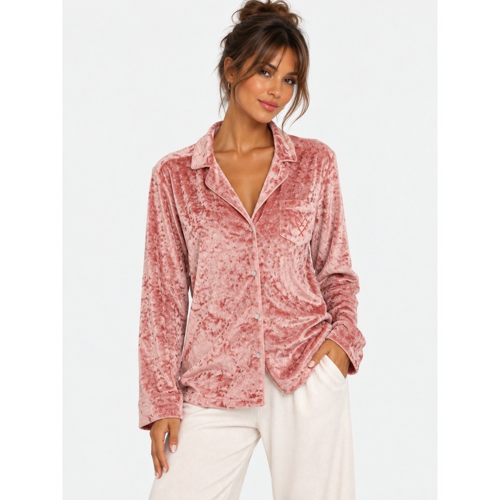 Victoria's Secret Pink Crushed Velvet Pajama Top Button Down Long Sleeve M NWOT